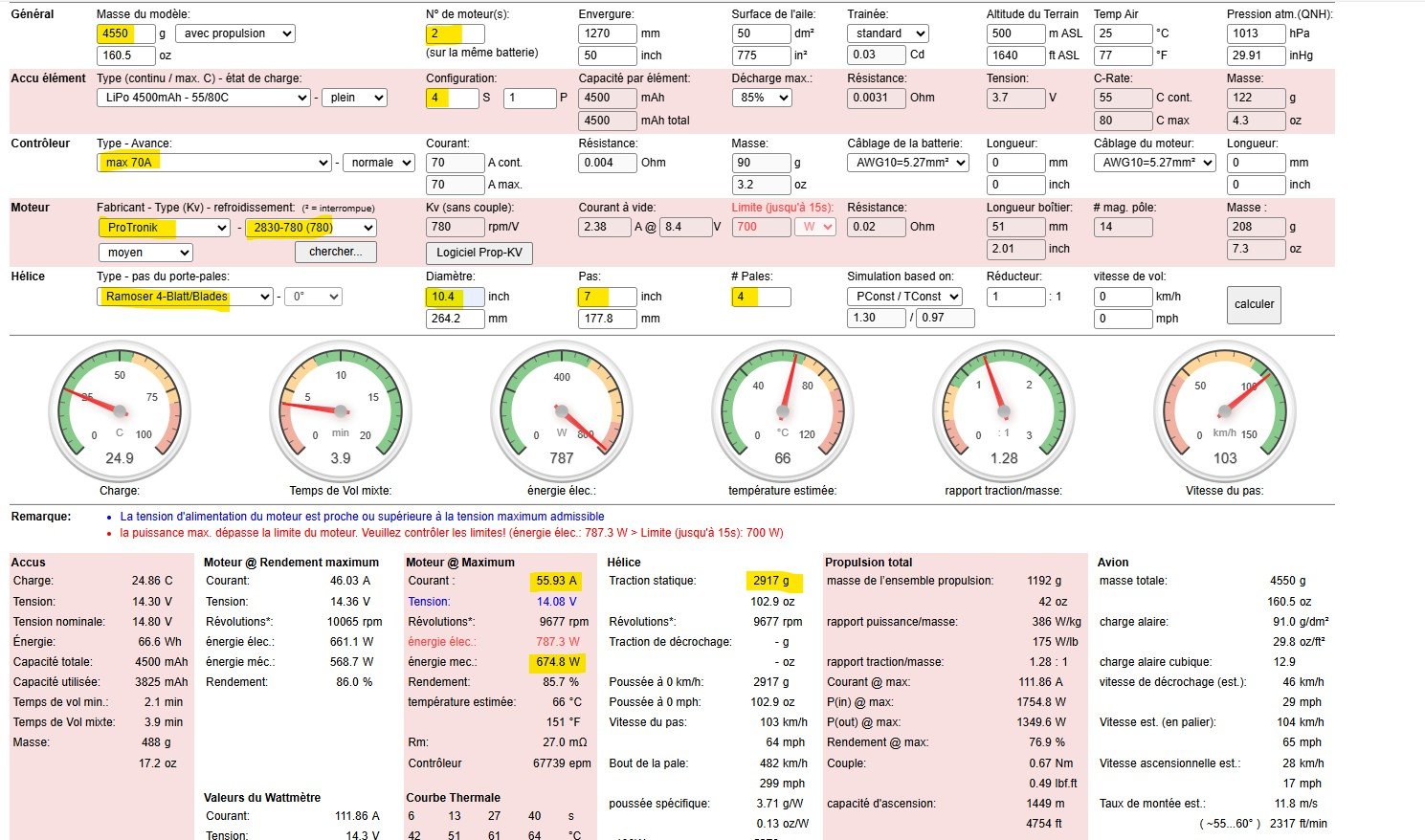 Propulsion moteurs Protronik 2830 KV 780 sous lipo 4S.jpg